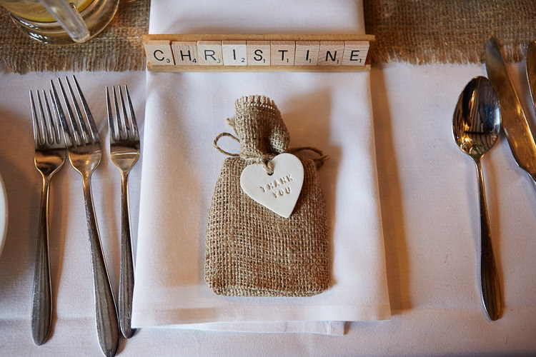 Hessian Scrabble Place Name Setting Favours Quaint Rustic Seaside Windmill Wedding Norfolk http://www.fullerphotographyweddings.co.uk/