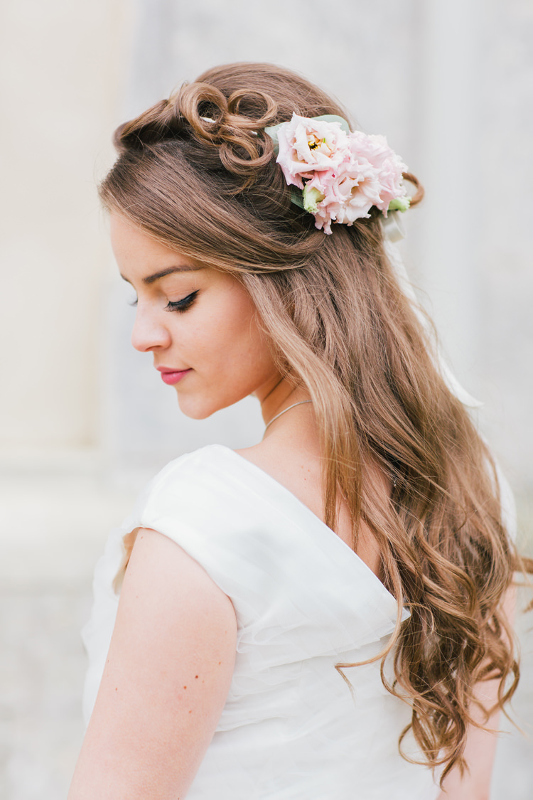 Hair Bride Bridal Style Halo Crown Long Wavy Flowers Pretty Pastel Pink Delicate Bridal Wedding Ideas http://jenmarino.com/