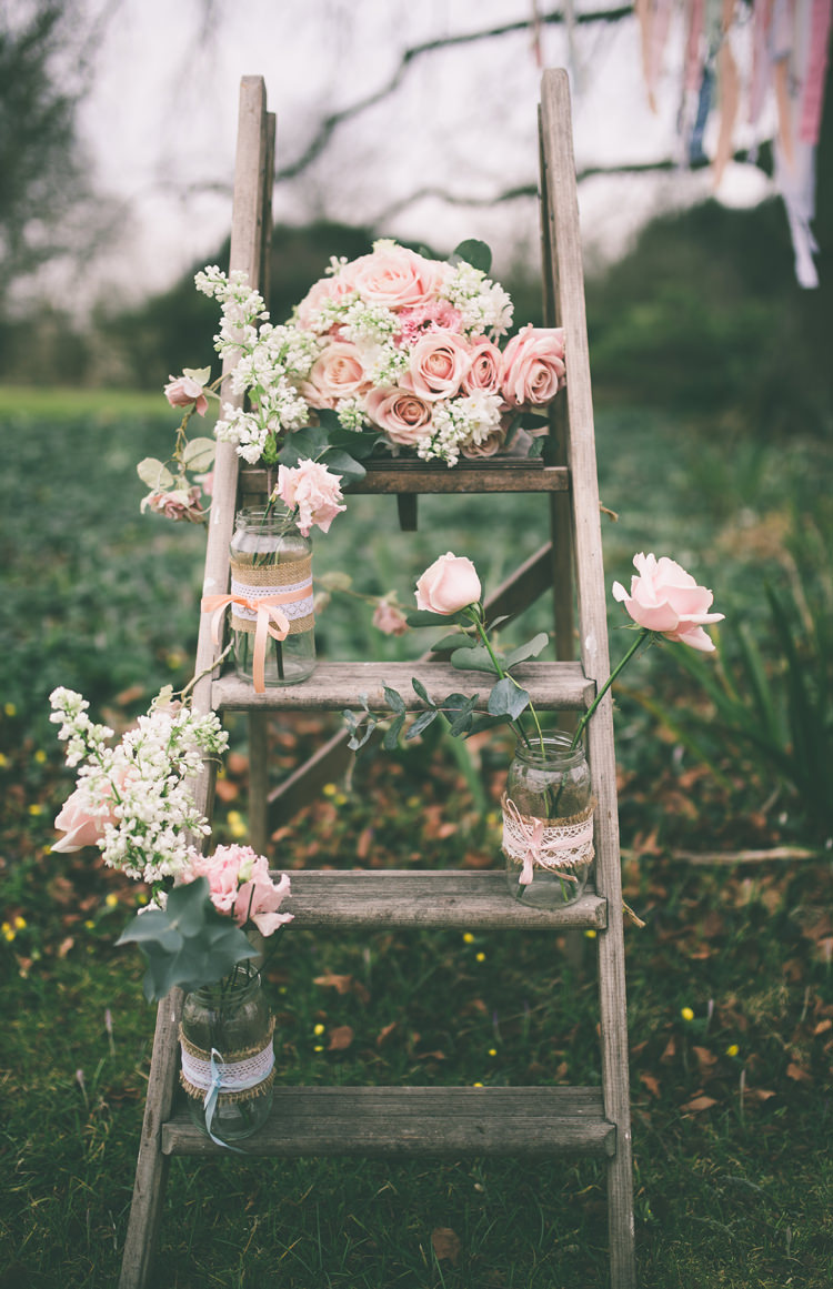 Ladder Flowers Roses Jars Pretty Pastel Pink Delicate Bridal Wedding Ideas http://jenmarino.com/