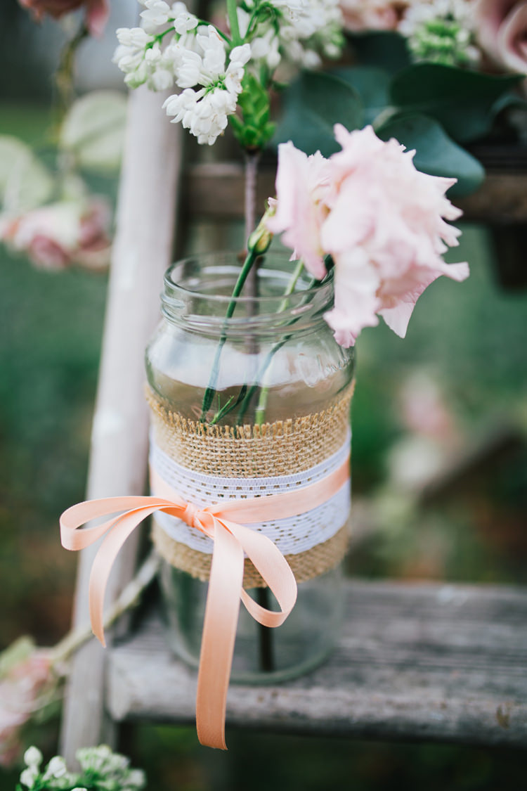 Jar Hessian Lace Ribbon Flowers Rose Pretty Pastel Pink Delicate Bridal Wedding Ideas http://jenmarino.com/
