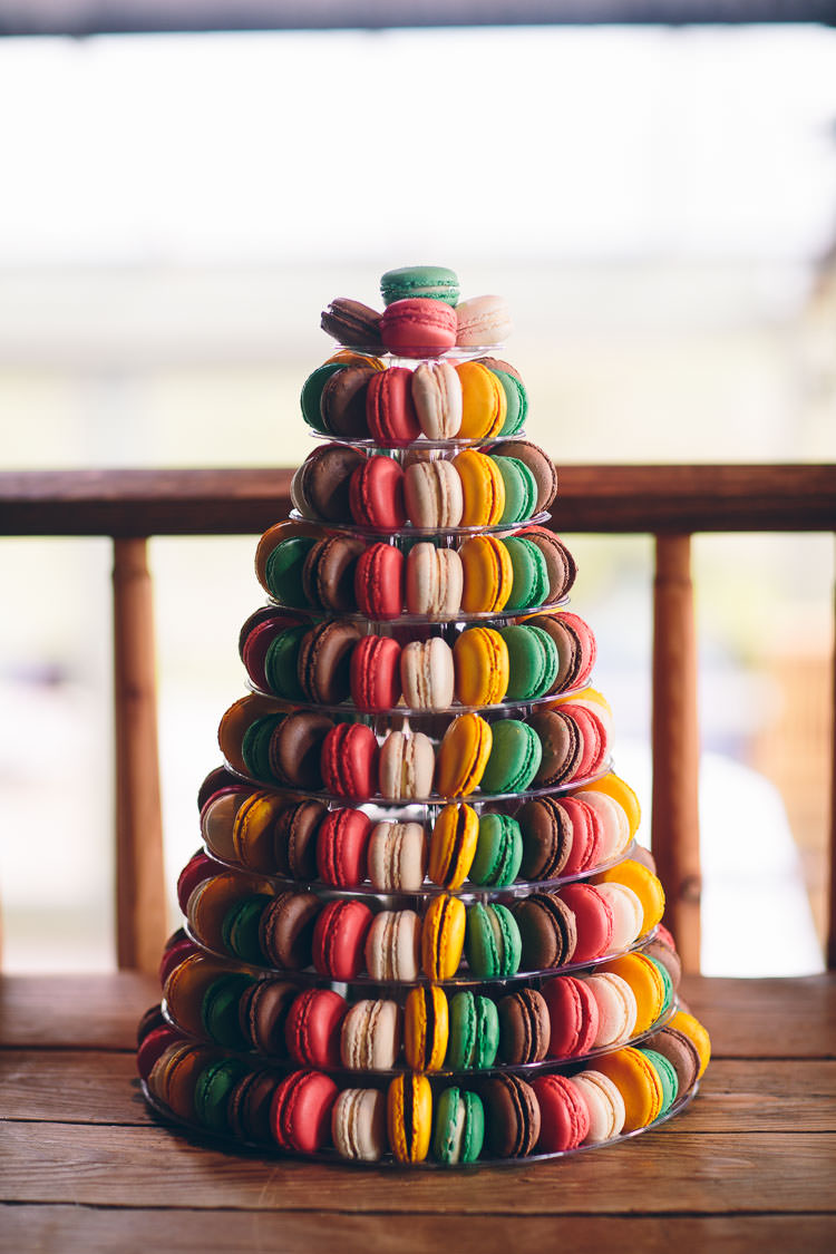 Rainbow Colourful Macaron Cake Tower Cotswolds Barn Laid Back Stylish Wedding http://albertpalmerphotography.com/