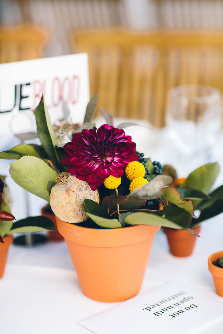 Autumn Flowers Centrepiece Terracotta Pots Billy Balls Dahlia Cotswolds Barn Laid Back Stylish Wedding http://albertpalmerphotography.com/