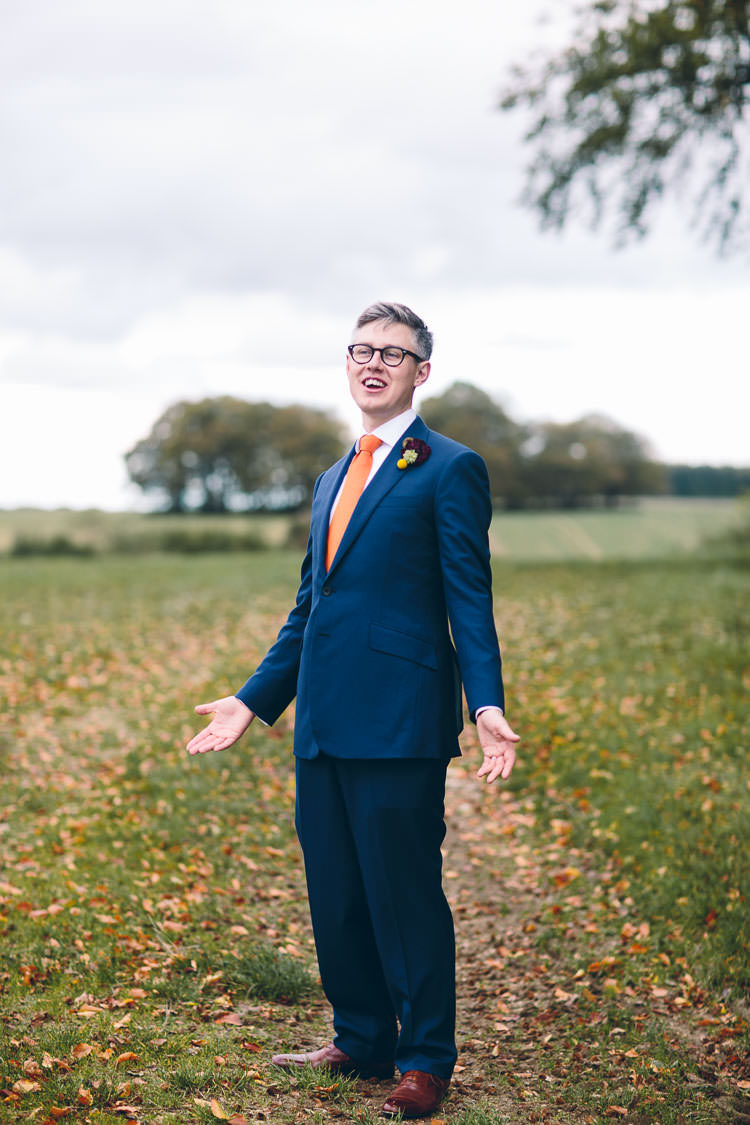 Navy Suit Orange Tie Groom Cotswolds Barn Laid Back Stylish Wedding http://albertpalmerphotography.com/