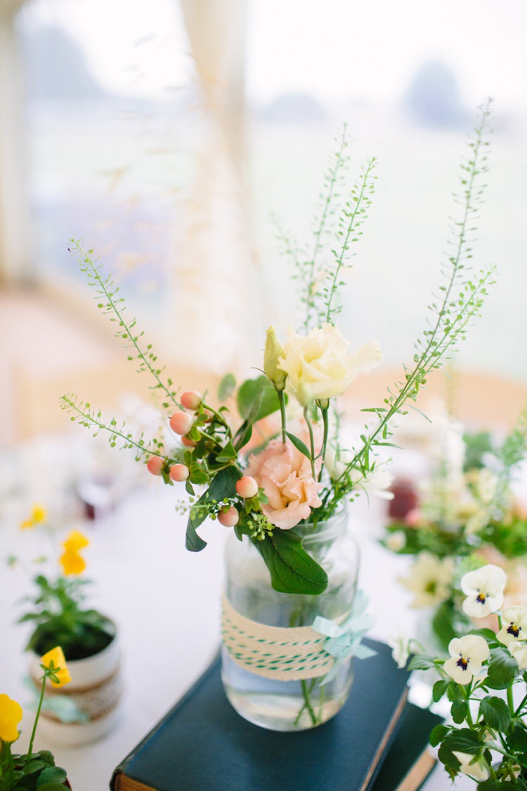 Jar Flowers Twine Peach Green White Books Centrepiece Table Quaint Home Made Farm Big Party Wedding http://www.emmacasephotography.com/