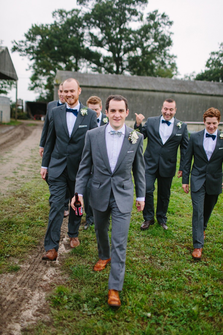 Grey Suit Liberty Print Bow Tie Groom Quaint Home Made Farm Big Party Wedding http://www.emmacasephotography.com/
