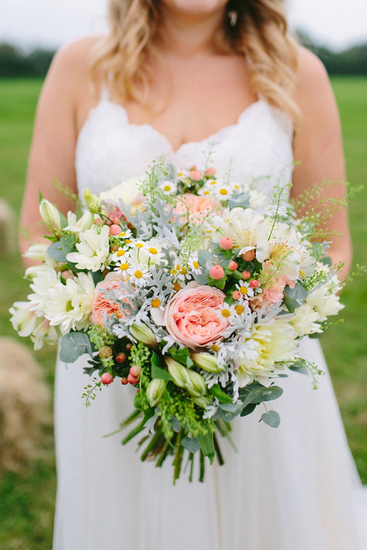 Peach Rose Daisy Green White Bouquet Flowers Bride Bridal Quaint Home Made Farm Big Party Wedding http://www.emmacasephotography.com/
