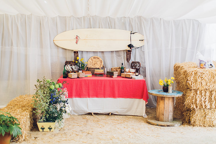Barn Drapes Hay Bales Surf Board Chilled DIY Beach Front Cafe Cornwall Yellow Blue Wedding http://missgen.com/