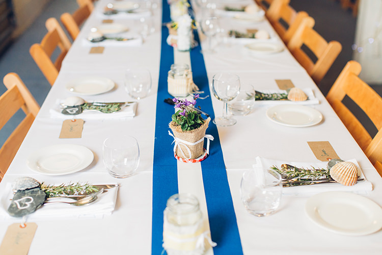 Blue Table Cloths Chilled DIY Beach Front Cafe Cornwall Yellow Blue Wedding http://missgen.com/