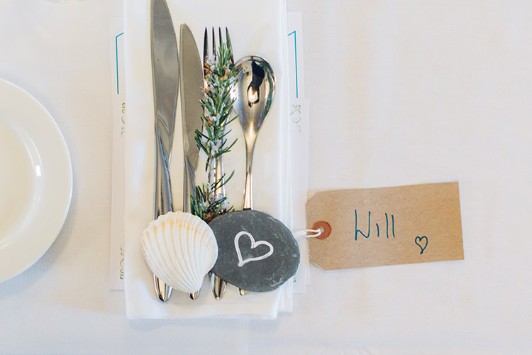Rosemary Slate Shell Luggage Tag Place Setting Decor Chilled DIY Beach Front Cafe Cornwall Yellow Blue Wedding http://missgen.com/