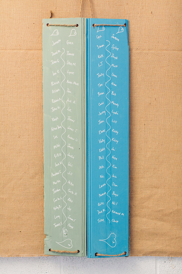 Wooden Seating Plan Chilled DIY Beach Front Cafe Cornwall Yellow Blue Wedding http://missgen.com/