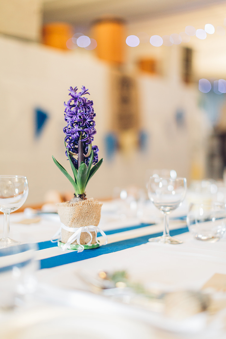 Potted Plan Bulbs Hessian Centrepiece Flowers Tables Spring Chilled DIY Beach Front Cafe Cornwall Yellow Blue Wedding http://missgen.com/