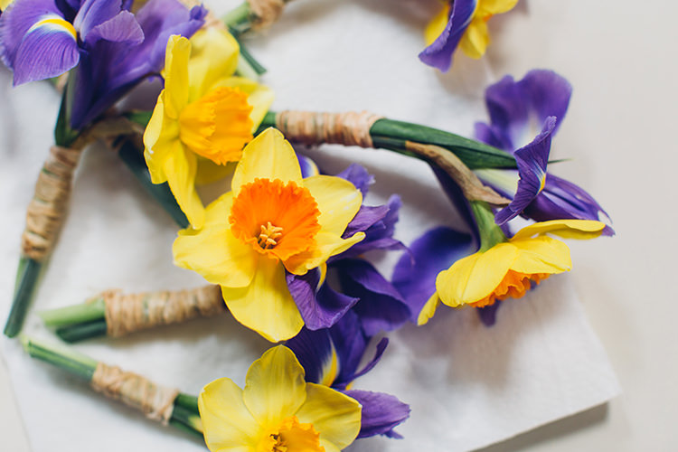 Daffodil Iris Buttonholes Chilled DIY Beach Front Cafe Cornwall Yellow Blue Wedding http://missgen.com/