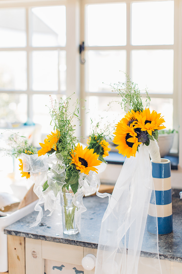 Sunflower Bouquets Flowers Bride Bridal Chilled DIY Beach Front Cafe Cornwall Yellow Blue Wedding http://missgen.com/