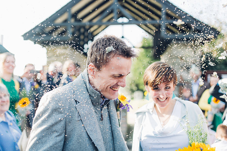 Confetti Rice Petals Chilled DIY Beach Front Cafe Cornwall Yellow Blue Wedding http://missgen.com/