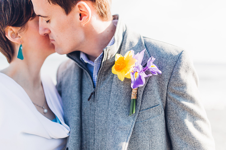 Groom Jacket Shirt Jumper Spring Daffodil Iris Buttonhole Chilled DIY Beach Front Cafe Cornwall Yellow Blue Wedding http://missgen.com/