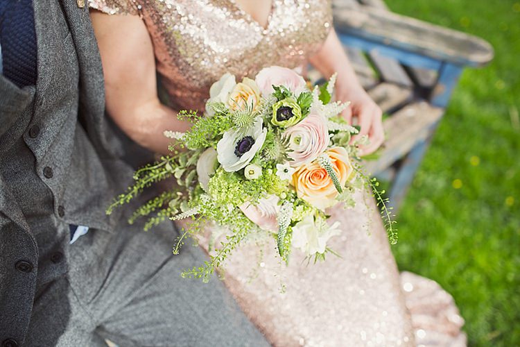 Bouquet Flowers Bride Bridal Green Peach Home Made Countryside Spring Wedding Sequin Gold Dress Oxford http://www.cottoncandyweddings.co.uk/