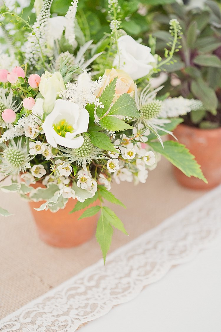 Flowers Pots Potted White Green Home Made Countryside Spring Wedding Sequin Gold Dress Oxford http://www.cottoncandyweddings.co.uk/