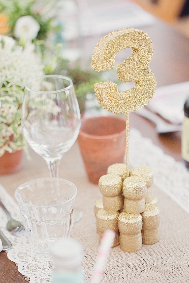Gillter Gold Table Names Numbers Home Made Countryside Spring Wedding Sequin Gold Dress Oxford http://www.cottoncandyweddings.co.uk/