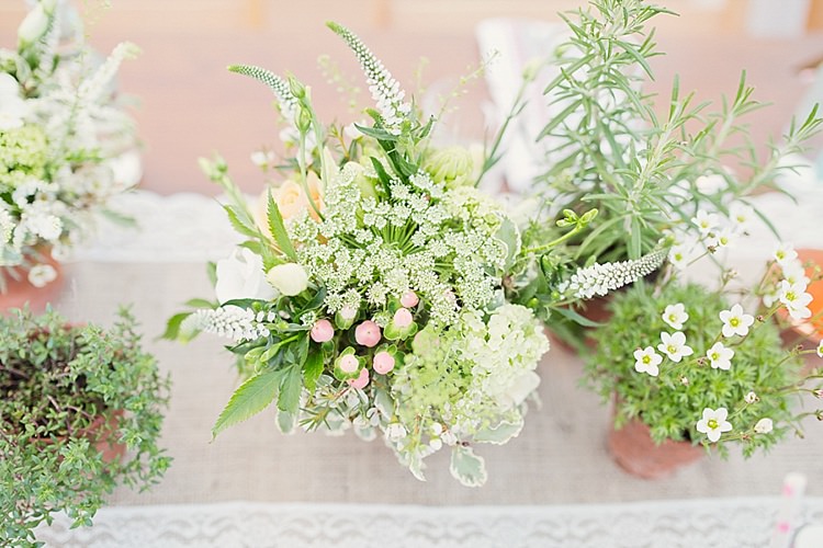 Flowers Tables Centrepiece White Green Home Made Countryside Spring Wedding Sequin Gold Dress Oxford http://www.cottoncandyweddings.co.uk/