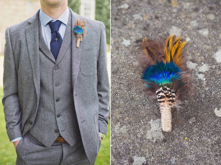 Feather Buttonhole Grey Suit Groom Home Made Countryside Spring Wedding Sequin Gold Dress Oxford http://www.cottoncandyweddings.co.uk/
