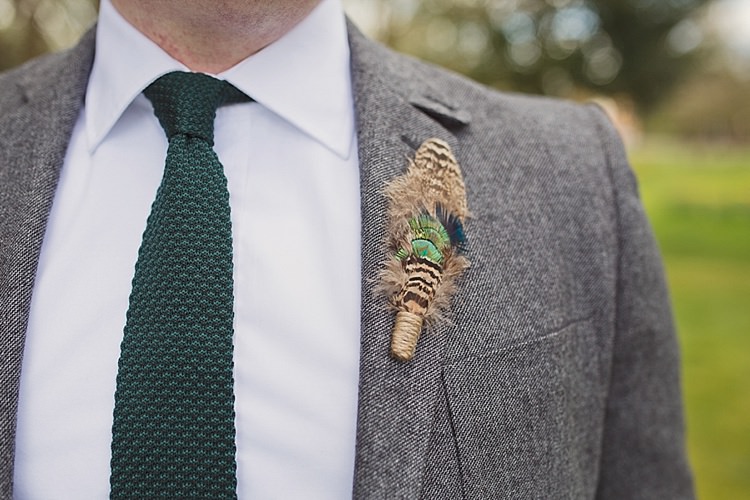 Knitted Tie Feather Buttonhole Groom Home Made Countryside Spring Wedding Sequin Gold Dress Oxford http://www.cottoncandyweddings.co.uk/
