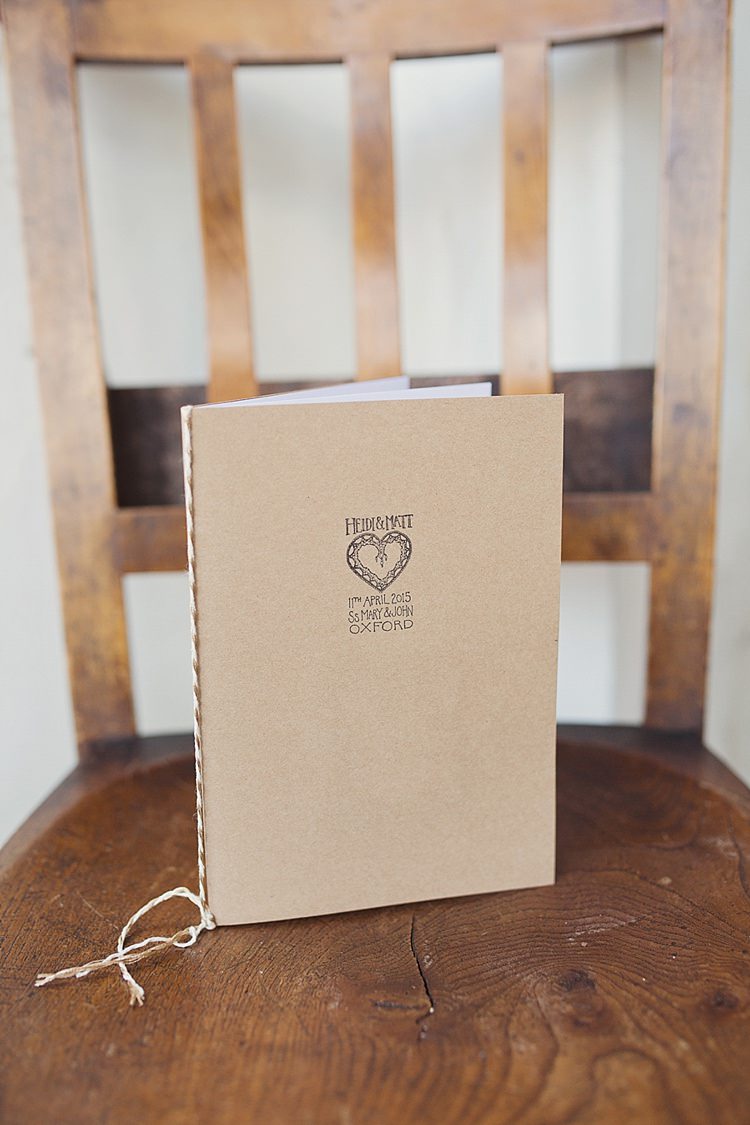 Kraft Brown Paper Twine Stationery Order of Service Home Made Countryside Spring Wedding Sequin Gold Dress Oxford http://www.cottoncandyweddings.co.uk/