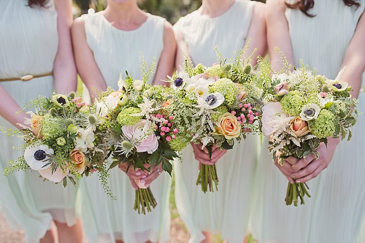 Bouquets Flowers Pretty Bridesmaids Pink Peach Green Home Made Countryside Spring Wedding Sequin Gold Dress Oxford http://www.cottoncandyweddings.co.uk/