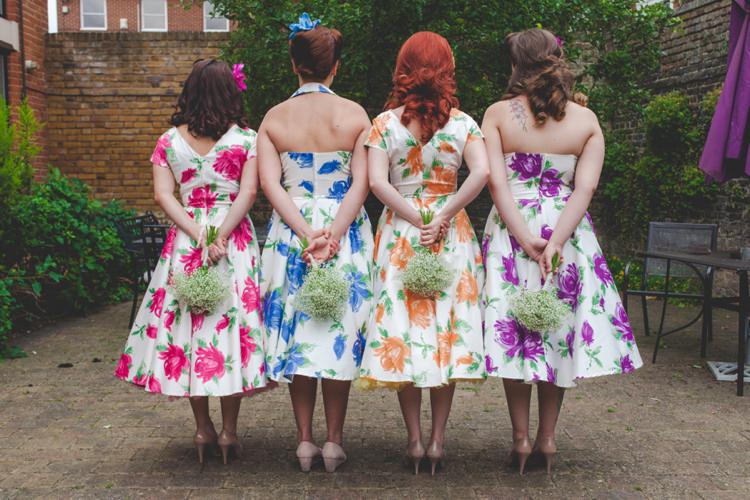 Vivien of Holloway Floral Bridesmaid Dresses 1950s Superhero Diner Wedding http://www.cherryredphotography.co.uk/