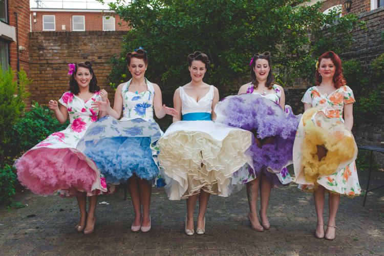 Bridesmaids Bride Petticoats Vintage Dresses 1950s Superhero Diner Wedding http://www.cherryredphotography.co.uk/