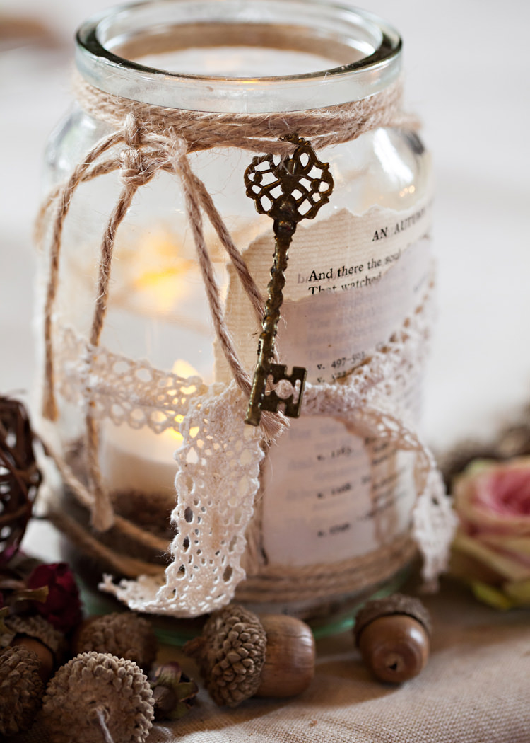 Key Twine Lace Jar Candle Dramatic Rich Rustic Harry Potter Wedding http://hbaphotography.com/