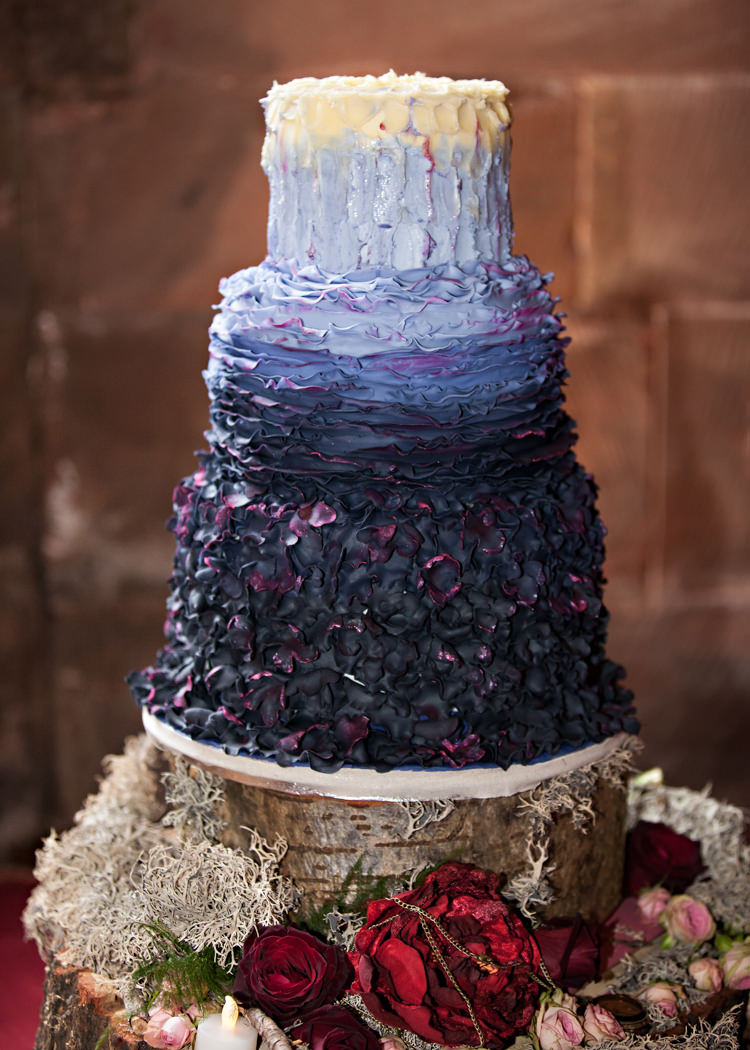 Ruffle Ombre Cake Purple Dramatic Rich Rustic Harry Potter Wedding http://hbaphotography.com/