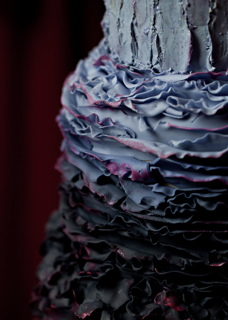 Purple Ruffle Ombre Cake Dramatic Rich Rustic Harry Potter Wedding http://hbaphotography.com/