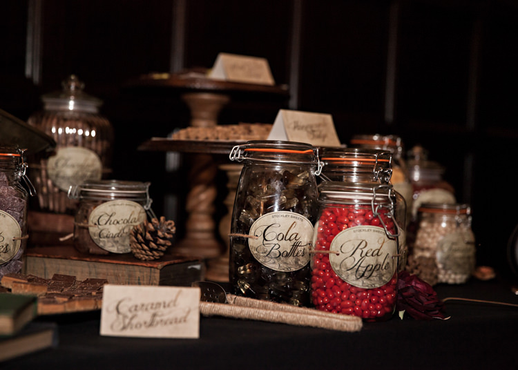 Sweet Sweetie Table Dramatic Rich Rustic Harry Potter Wedding http://hbaphotography.com/