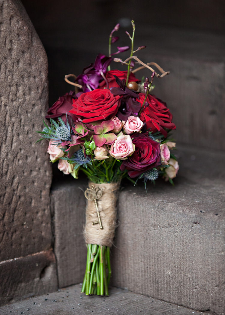 Red Rose Bouquet Flowers Key Hessian Bride Bridal Dramatic Rich Rustic Harry Potter Wedding http://hbaphotography.com/