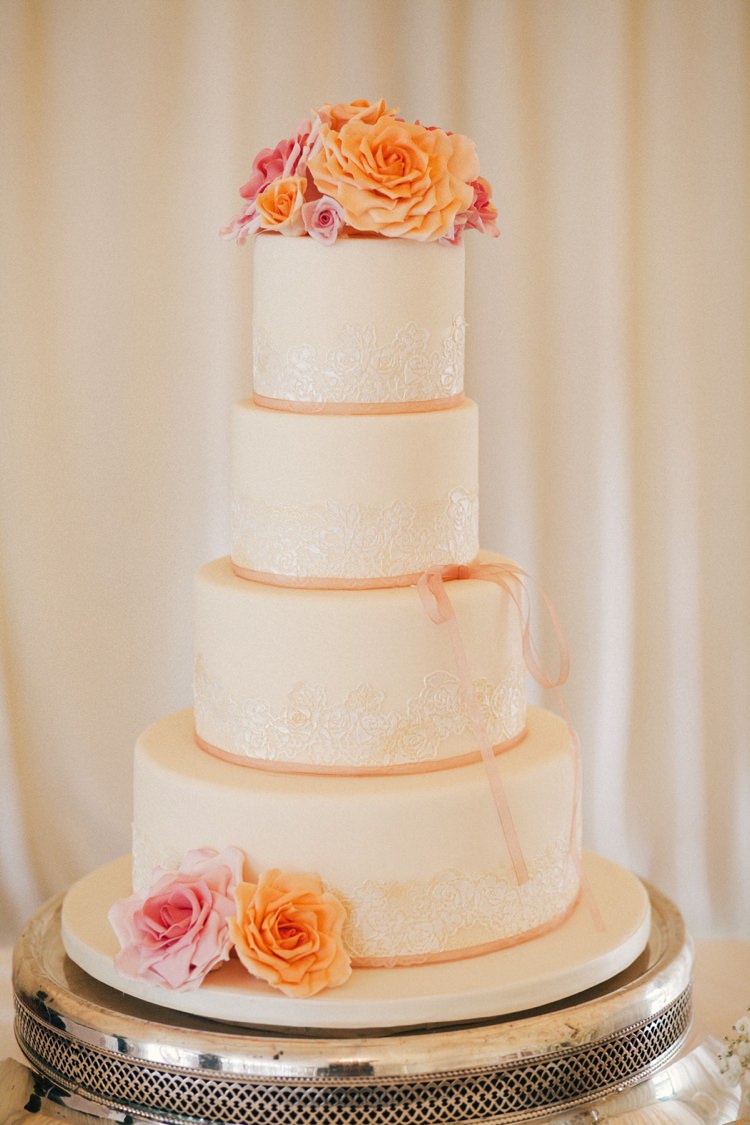 Lace Rose Tall Teir Cake Whimsical Peach Afternoon Tea Party Wedding http://clairemacintyre.com/
