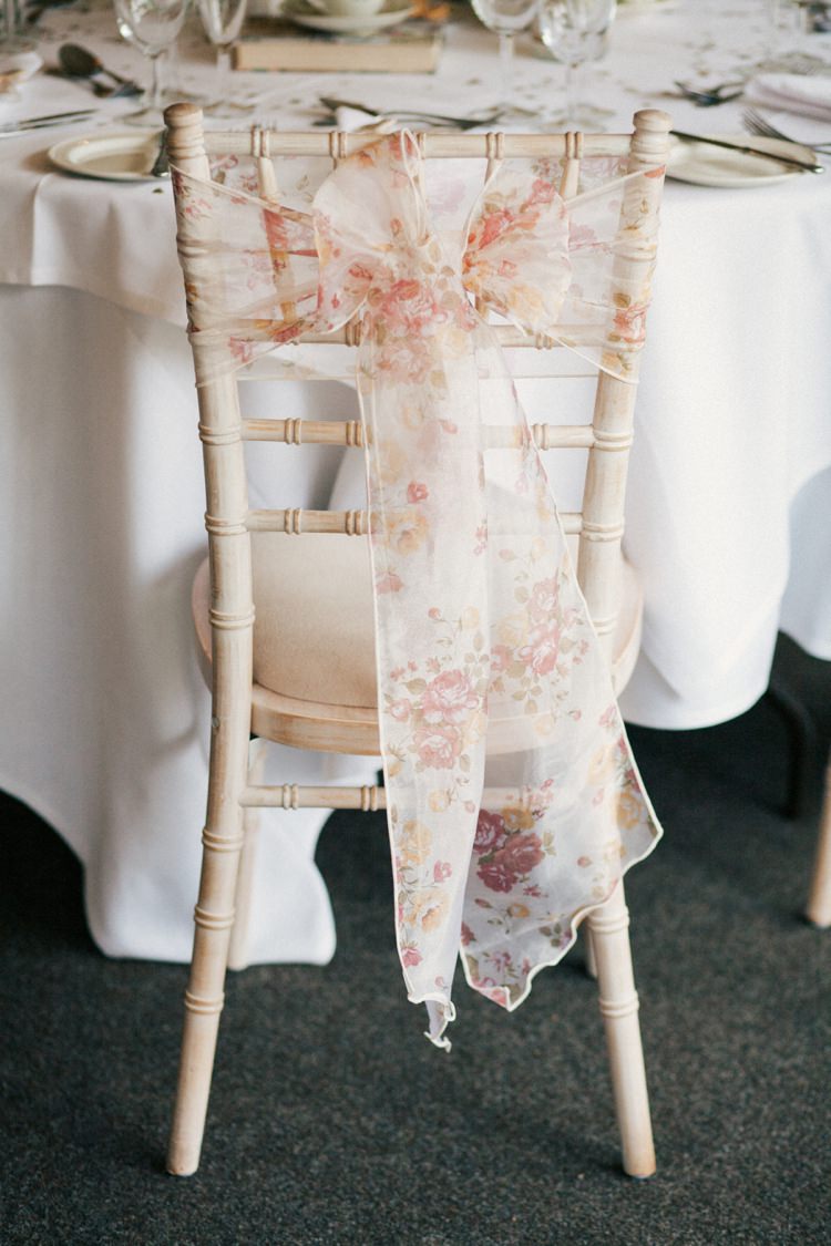 Floral Sash Ribbon Chair Cover Whimsical Peach Afternoon Tea Party Wedding http://clairemacintyre.com/