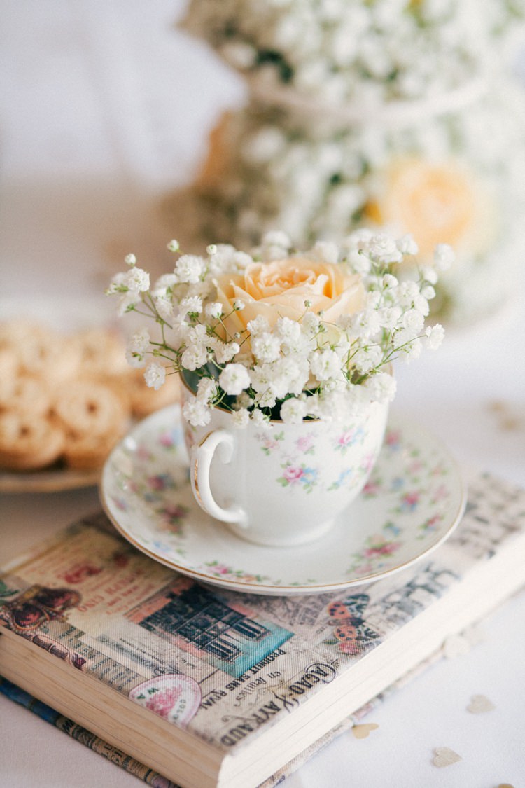 Vintage Cup Flowers Rose Book Gypsophila Baby Breath Whimsical Peach Afternoon Tea Party Wedding http://clairemacintyre.com/