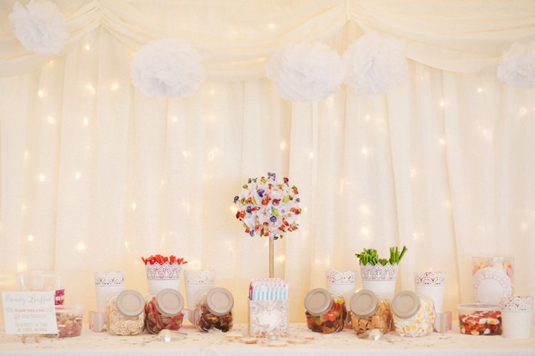 Sweetie Table Sweets Fairy Lights Pom Poms Whimsical Peach Afternoon Tea Party Wedding http://clairemacintyre.com/