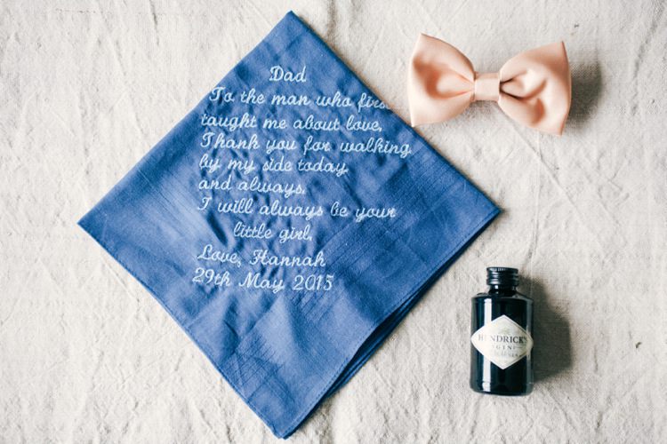 Embroidered Handkerchief Gift Groom Bow Tie Whimsical Peach Afternoon Tea Party Wedding http://clairemacintyre.com/