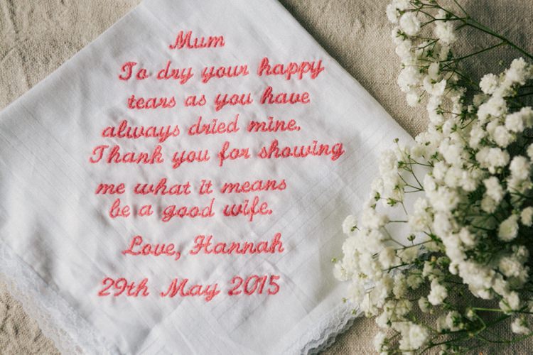 Embroidered Handkerchief Present Whimsical Peach Afternoon Tea Party Wedding http://clairemacintyre.com/