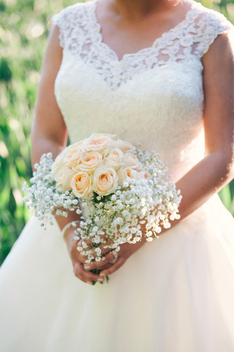 Gypsophila Rose Bouquet Flowers Bride Bridal Lace Dress Gown Whimsical Peach Afternoon Tea Party Wedding http://clairemacintyre.com/