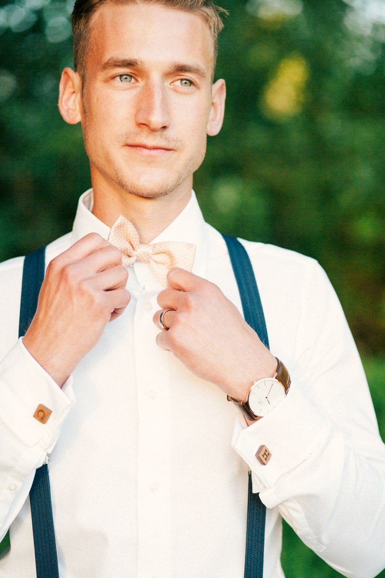 Bow Tie Braces Groom Style Attire Whimsical Peach Afternoon Tea Party Wedding http://clairemacintyre.com/