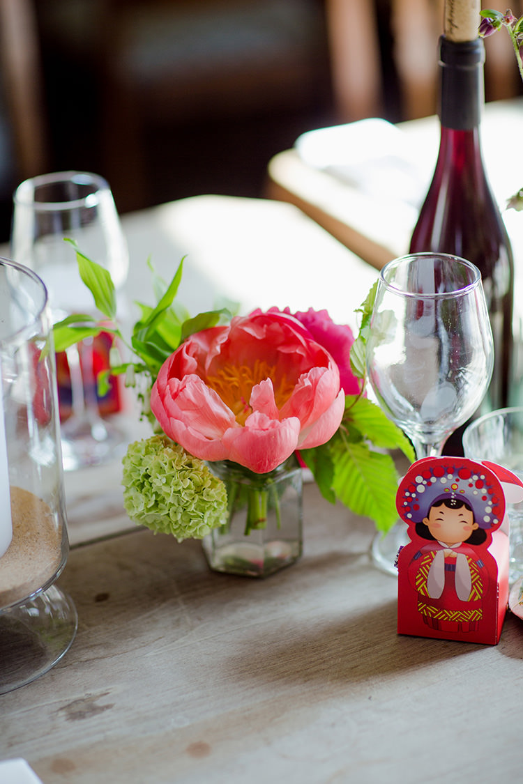 Coral Peony Flowers Table Centrepiece Vibrant Quirky Colourful Spring London Wedding http://www.ireneyapweddings.com/