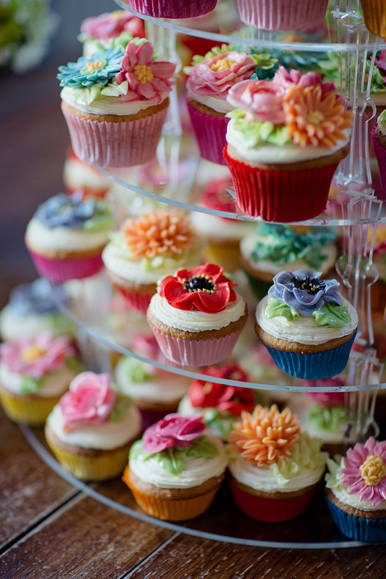 Flower Floral Cup Cakes Vibrant Quirky Colourful Spring London Wedding http://www.ireneyapweddings.com/