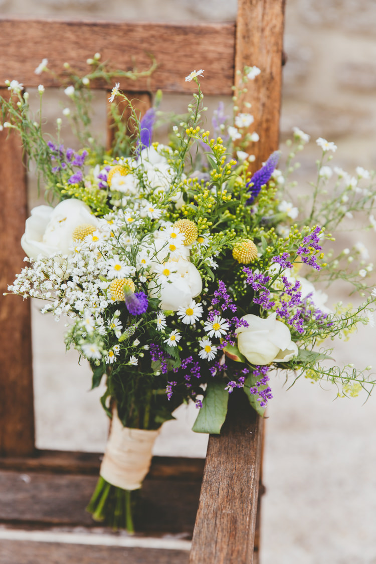 Wild Flowers Bouquet Bride Bridal White Yellow Purple Daisies Relaxed Fun Rustic Countryside Barn Wedding http://www.paulunderhill.com/