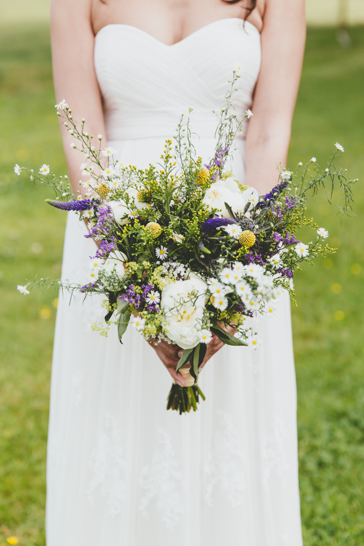 Wild Flowers Bouquet Bride Bridal White Yellow Purple Daisies Relaxed Fun Rustic Countryside Barn Wedding http://www.paulunderhill.com/