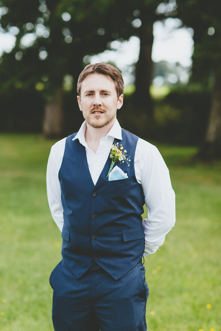 Blue Waitcoat Open Shirt Groom Style Relaxed Fun Rustic Countryside Barn Wedding http://www.paulunderhill.com/