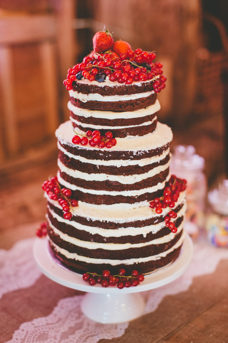Naked Cake Chocolate Berries Icing Sponge Layers Relaxed Fun Rustic Countryside Barn Wedding http://www.paulunderhill.com/