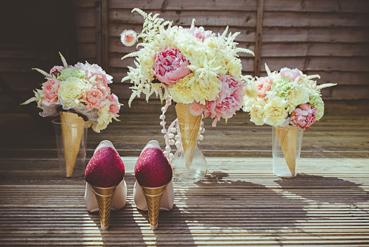 Ice Cream Bouquets Heels Shoes Bride Bridal Back Garden Vintage Pastel Seaside Wedding http://photo.shuttergoclick.com/