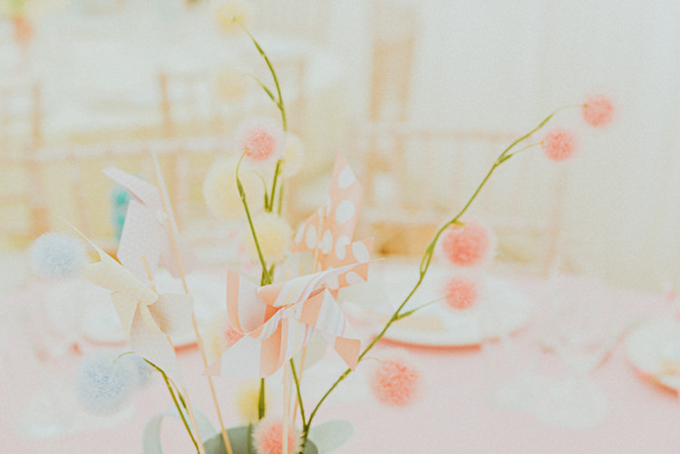 Pin Wheel Pom Pom Centrepieces Back Garden Vintage Pastel Seaside Wedding http://photo.shuttergoclick.com/